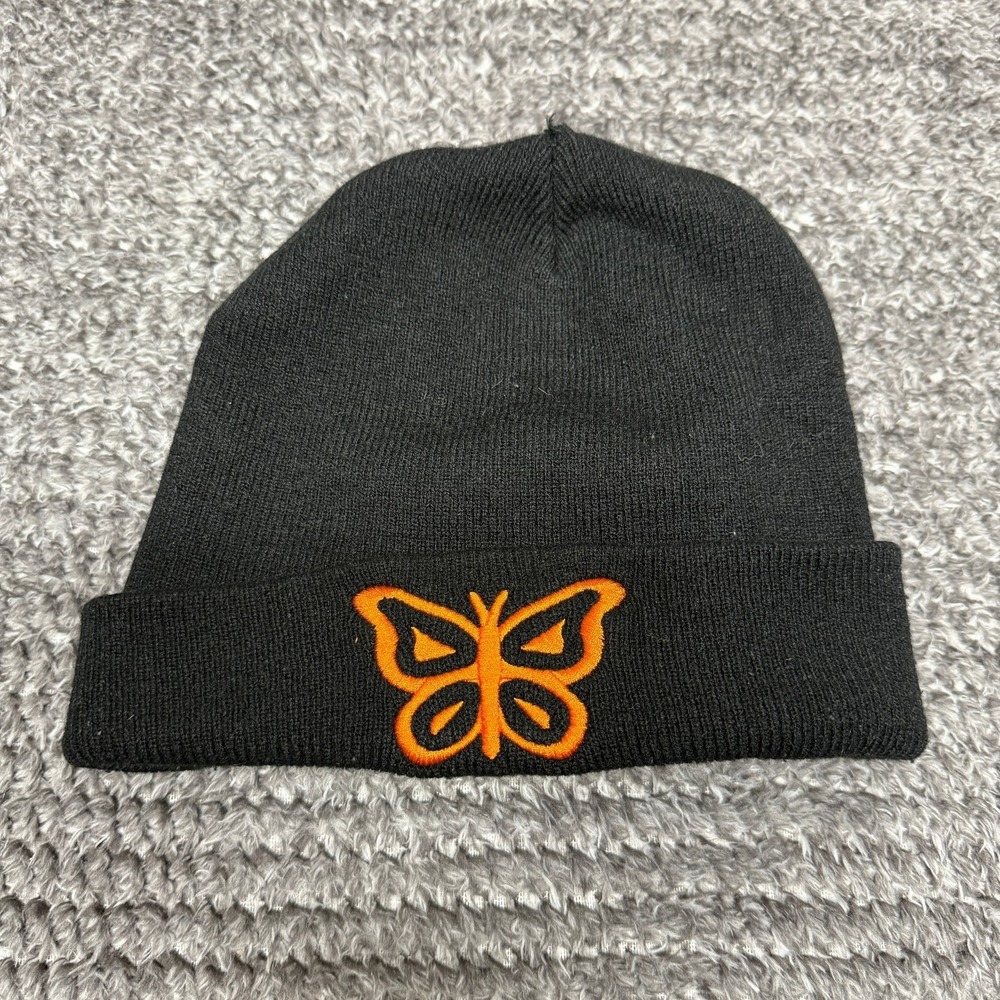 Petals And Peacocks Unisex Beanie Black Orange Butterfly Embroidered Logo One